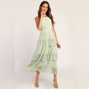 Lulu's Came For Cocktails Sage Green Pleated Tiered Lace Maxi Dress